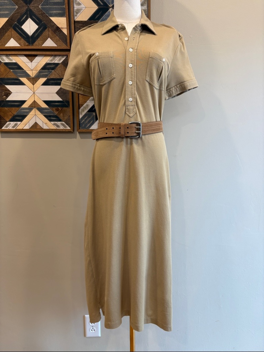 Vintage Ralph Lauren Safari Khaki Polo Midi Dress Stretch Cotton size Medium